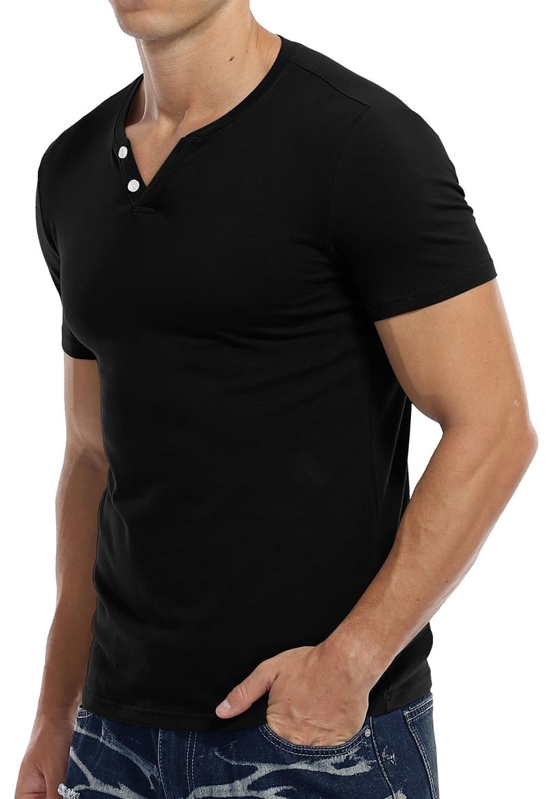 KUYIGO Men's Casual Slim Fit Short Sleeve Henley Tops V Neck Fashion T-Shirts Cotton Shirts Black Large - Image 5